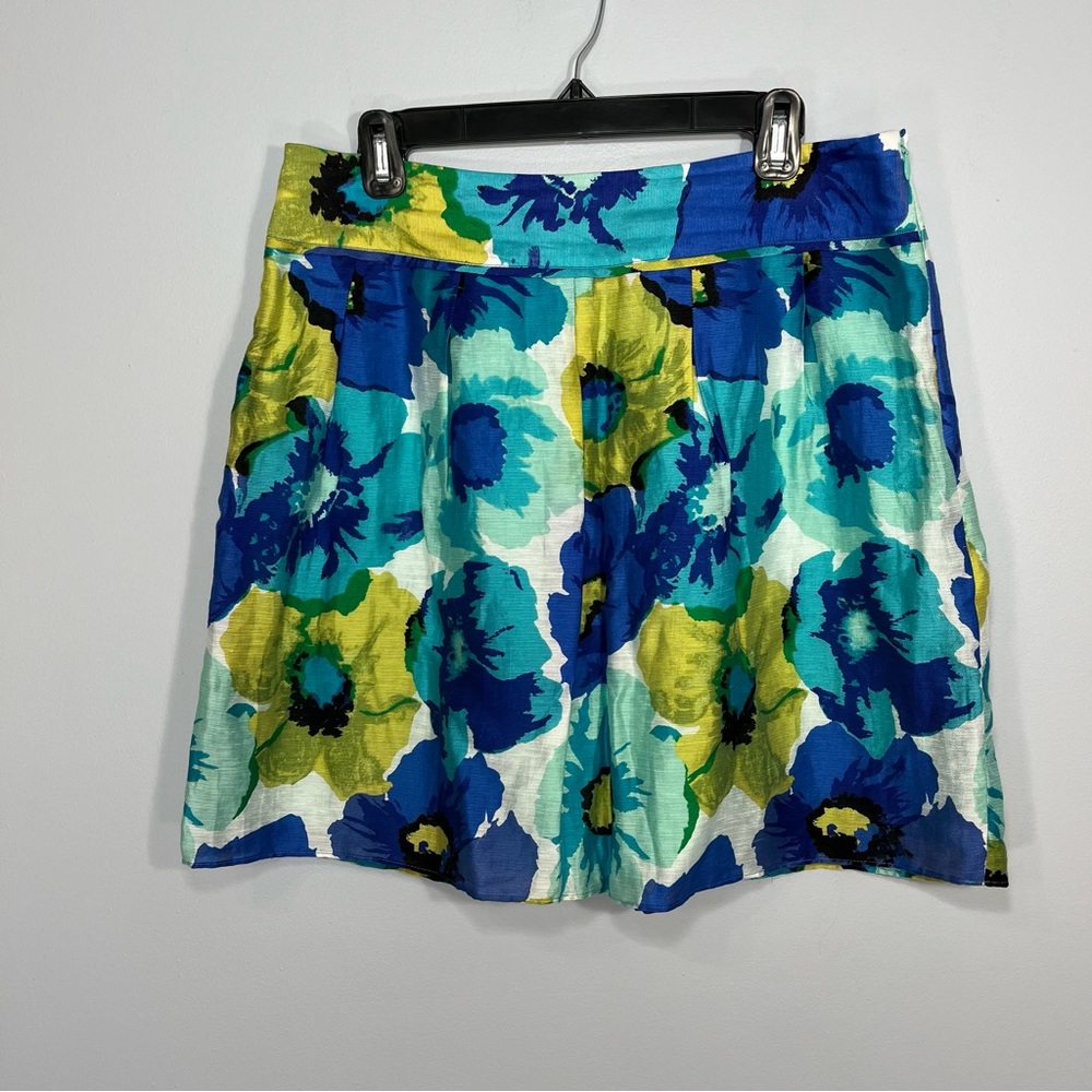 LOFT Skirt Womens 10 Blue Green Floral Linen Blend Lined Poppy Pleated A-line
